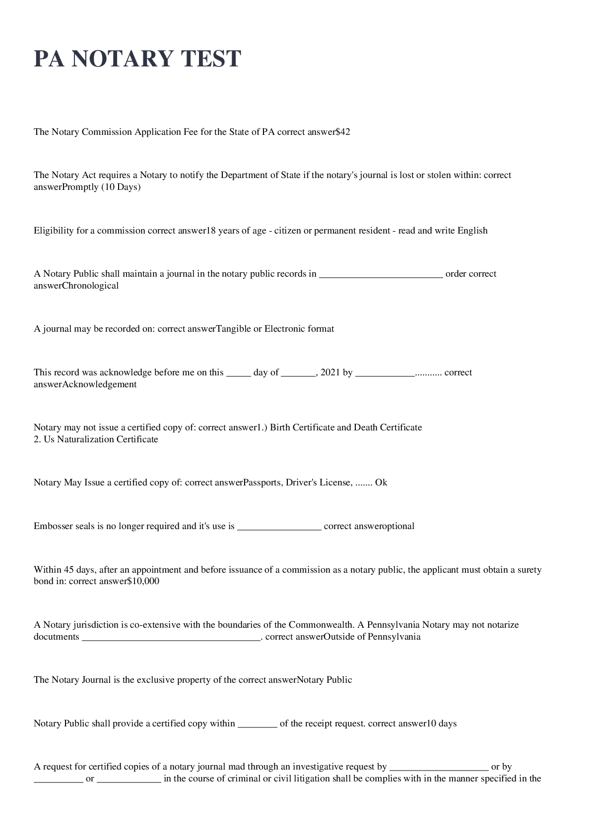 Preview image for PA NOTARY TEST EXAM 2022/2023 WITH 100% CORRECT ANSWERS